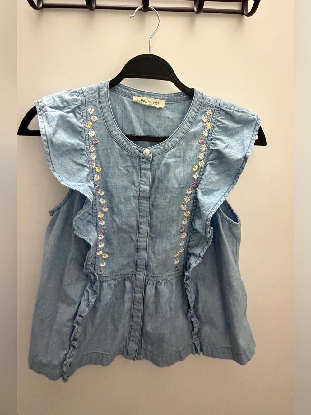 Madewell Embroidered Chambray Ruffle Top Size Small